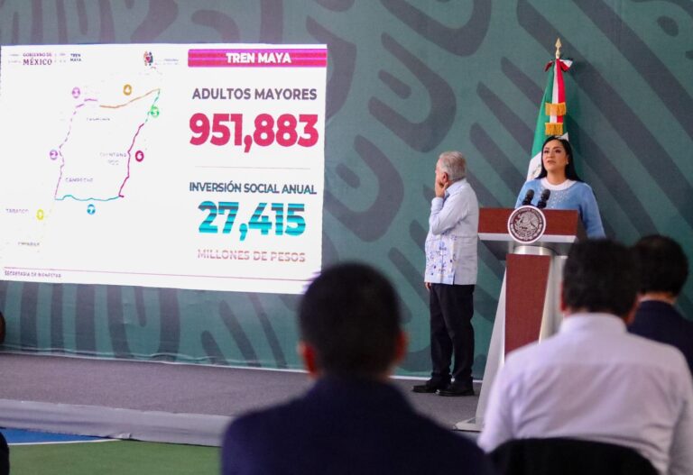 Ariadna Montiel presentó los avances en la entrega de la Pensión para el Bienestar de las Personas Adultas Mayores en la ruta del Tren Maya