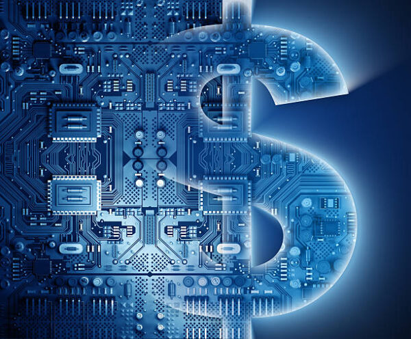 Concepto tecnológico y financiero: Signo del dólar con circuitos significando transacciones a través de medios tecnológicos