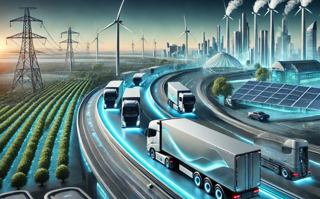 Ilustración colorida de alta definición generada por inteligencia artificial que muestra el transporte de carga con cero emisiones. La escena incluye camiones eléctricos e impulsados por hidrógeno en una carretera moderna, rodeados de vegetación y elementos de energía renovable como turbinas eólicas. Al fondo, se aprecia un paisaje urbano vibrante con arquitectura sostenible, sin texto ni símbolos visibles.