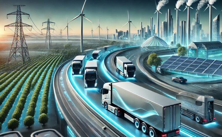 Ilustración colorida de alta definición generada por inteligencia artificial que muestra el transporte de carga con cero emisiones. La escena incluye camiones eléctricos e impulsados por hidrógeno en una carretera moderna, rodeados de vegetación y elementos de energía renovable como turbinas eólicas. Al fondo, se aprecia un paisaje urbano vibrante con arquitectura sostenible, sin texto ni símbolos visibles.