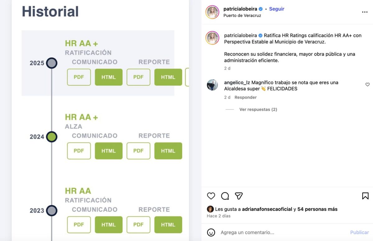 La calificadora HR Ratings ratificó la calificación HR AA+ con Perspectiva Estable otorgada al Ayuntamiento de Veracruz encabezado por Paty Lobeira.