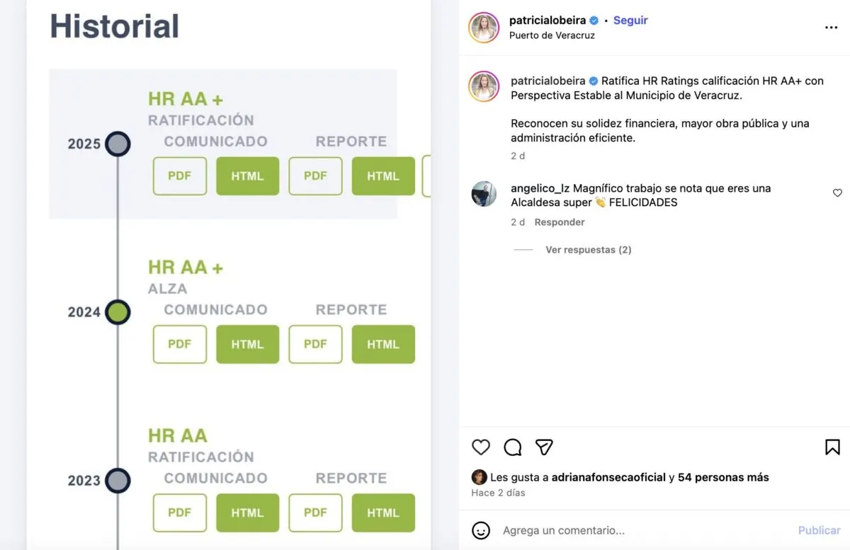 La calificadora HR Ratings ratificó la calificación HR AA+ con Perspectiva Estable otorgada al Ayuntamiento de Veracruz encabezado por Paty Lobeira.