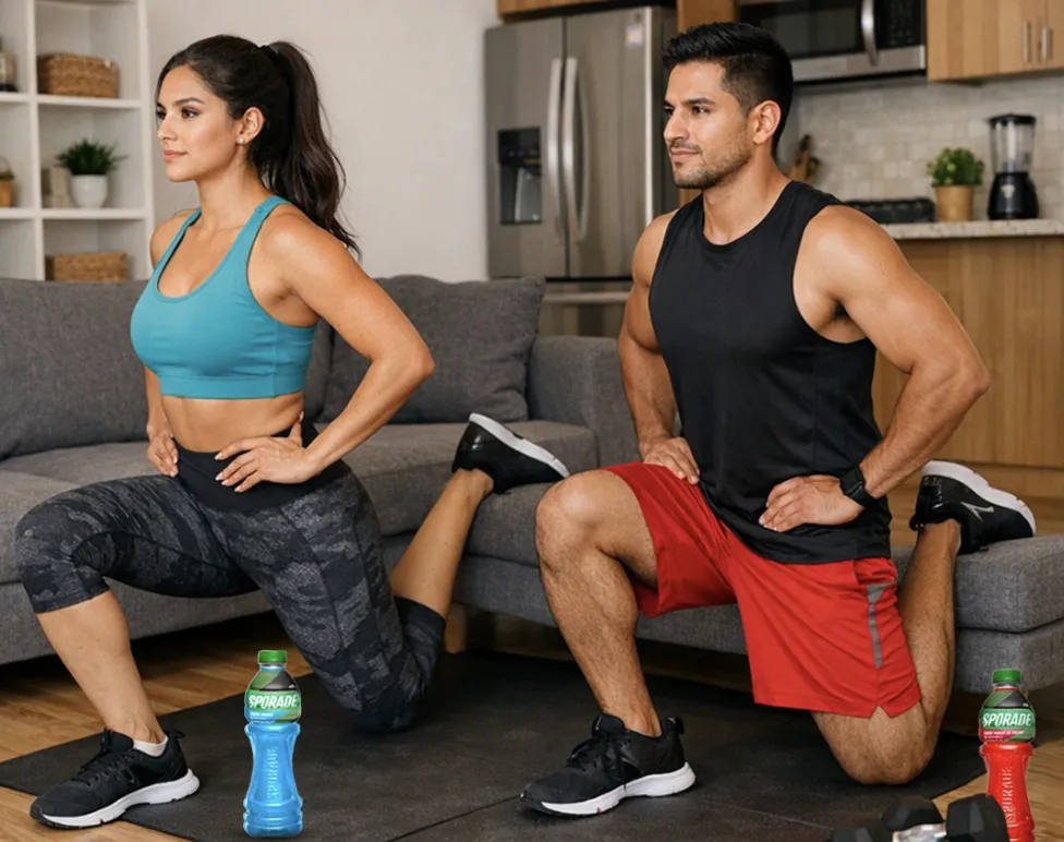 Deportistas hidratándose con Sporade en un entorno urbano activo.