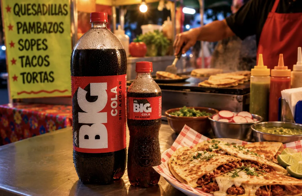 Puesto de comida callejera en México ofrece tacos y bebidas como Big Cola a consumidores.