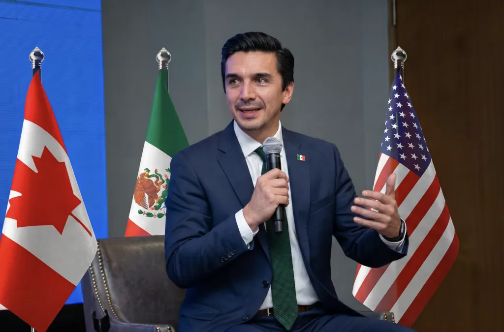 Alejandro Martínez Araiza durante una entrevista sobre las ventajas competitivas de México y la modernización del T-MEC.